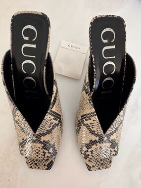 Gucci Beige and Black Snake-Print Square-Toe Mules